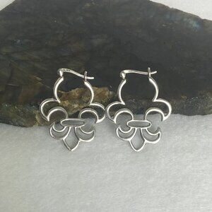 Sterling Silver 925 1.39" Fleur De Lis Hinged Clasp Hoop Earrings